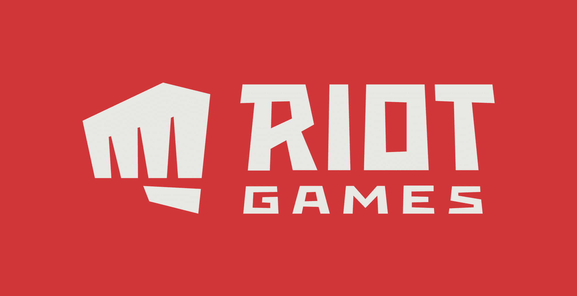 Logo da riot, fundo vermelho e letras brancas.